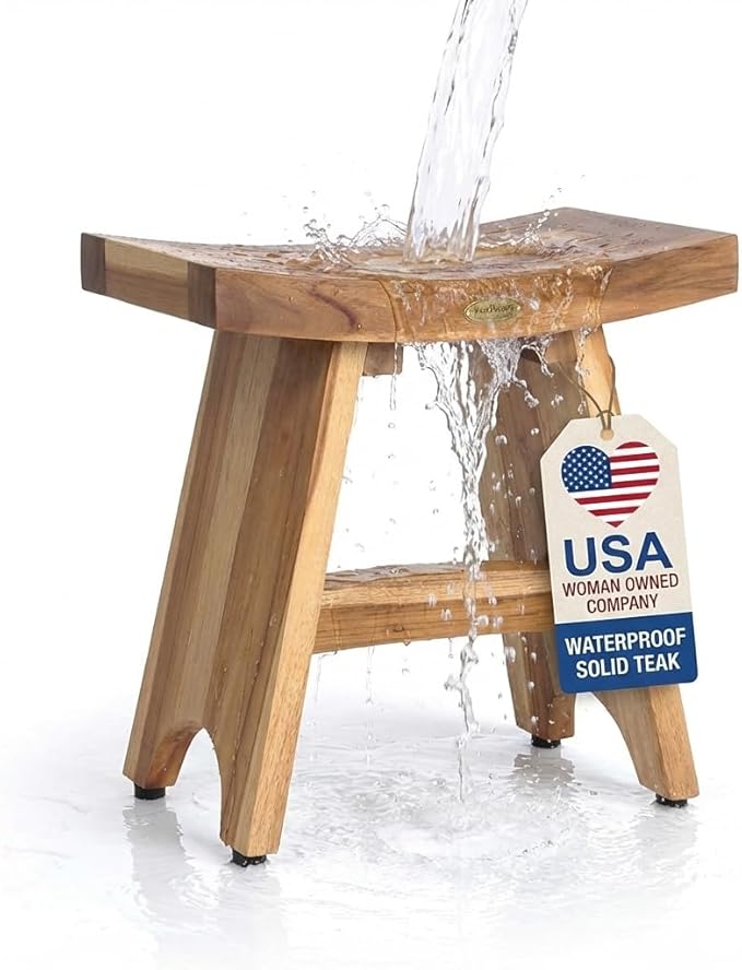 EcoDecors Teak Shower Bench 18", 300 lb Capacity – Waterproof Teak Bath Seat for Adults - Compact Spa Stool for Small Bathrooms & Walk-in Showers with Slip-Resistant Feet