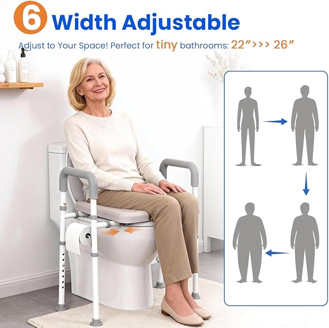 Raised Toilet Seat with Handles - Width & Height Adjustable Toilet Seat Risers for Seniors, Heavy Duty Handicap Toilet Riser, Fit Any Toilet, Up to 400lbs