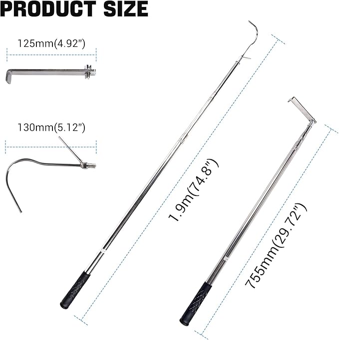 Grabber Reacher Tool,6.3 FT Reacher Grabber Pickup Tool for Heavy Duty Pickup Trucks Bed,Accessories and More Telescoping Pole with 2 Hooks-Silver