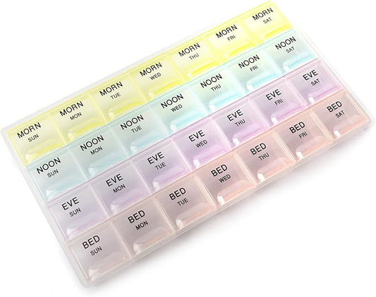 Deke Home - Pill Organizer 4 Times a Day, Weekly Medicine Box with Morning, Noon, Evening, Bed Compartments, Large, Translucent, Easy-to-Open Pill Case, 7-Day Travel Medication Organizer for Vitamins.