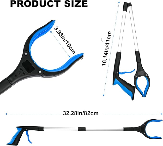 6-Pack 32" Grabber Reacher Tool, 360° Rotating Head, Wide Jaw, Foldable Reacher Grabber Pickup Tool,Anti-Slip Rotating, 4" Wide Claw Opening Grabbers for Seniors (Blue)