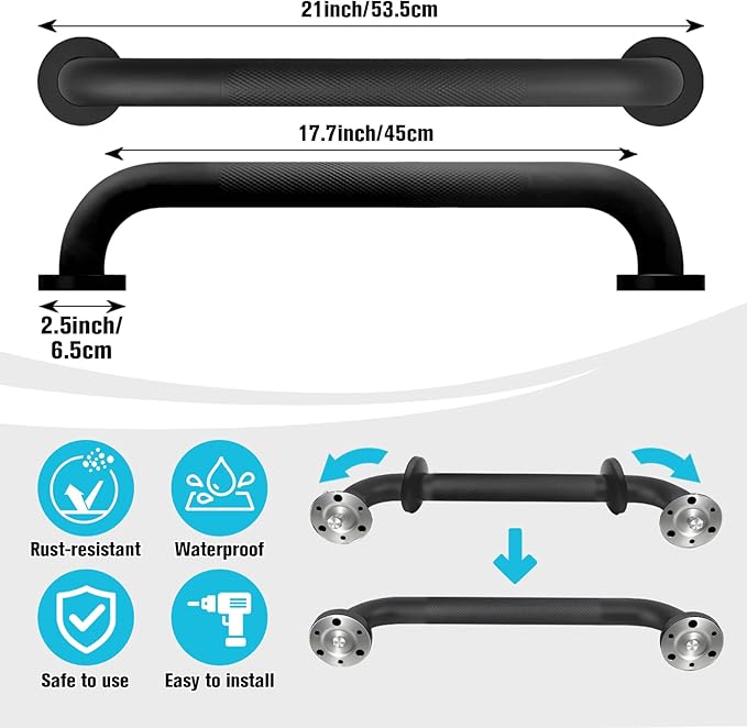 Shower Grab Bar, Anti-Slip Safety Grab Bar for Bathroom Bathtub Toilet 304 Stainless Steel Textured Grip Bath Handle Hand Rail for Elderly (Black, 20" L x 1 1/4" D)
