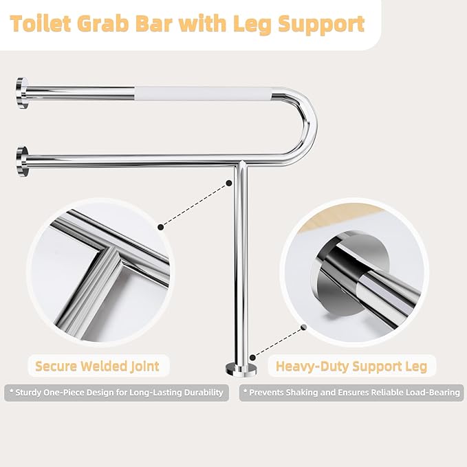 Toilet Grab Bar with Leg, Floor Mounted Knurled Safety Rail, Heavy Duty Chrome Stainless Steel Support Handle, Bathroom Stand Assist, Non-Slip Mobility Aid for Elderly, Disabled, 31 Inch