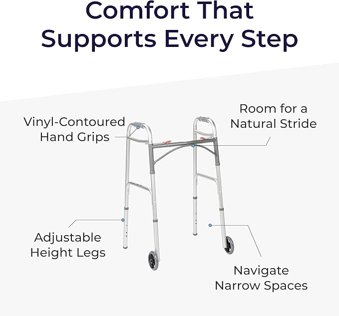 Drive Medical Two-Button Folding Walker With Wheels - Lightweight Rolling Mobility Support - Adjustable Height - Dual Push-Button Operation - 5 Inch Front Wheels - Durable Aluminum - Silver
