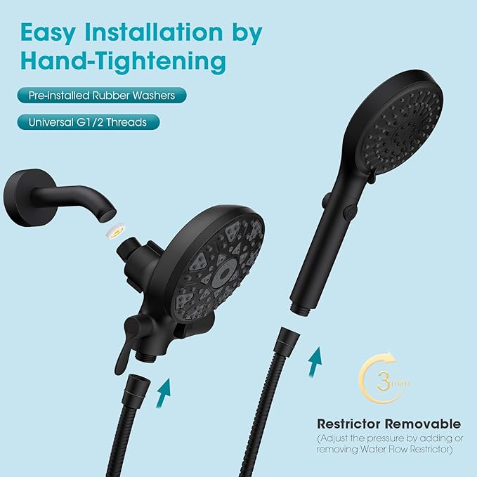 FASDUNT Dual Handheld Shower Head Combo, Enjoy 6-Setting Rain Showerhead and 6-Setting Hand Held Shower Separately or Together, 2 in 1 Showerhead with 80" Extra Long Stainless Steel Hose, Black
