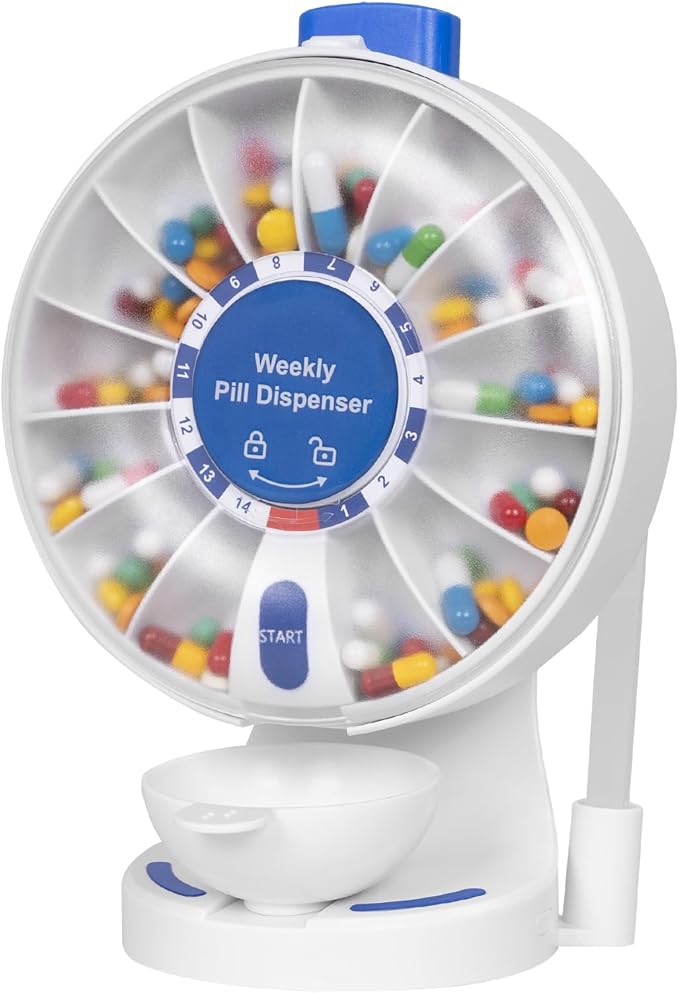 14-Day Push Button Pill Dispenser for Seniors & Caregivers | Standing or Wall-Mount Medication Organizer with Child Lock, 14 Large Compartments for Fish Oil, Vitamins, Medicine, or Supplements, Blue
