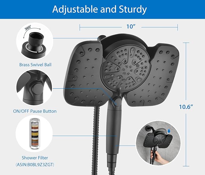 INAVAMZ Black Shower Heads with Handheld Spray Combo 2.5GPM: 10” Rainfall Shower Head & Detachable Shower Head, 9 Spray Settings Handheld Shower Head with ON/OFF Switch and 15-Stage Filter