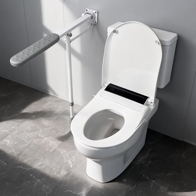 26 Inch Grab Bar for Toilet with Adjustable Height and Length, Flip up Bathroom Safety Rail with Support Leg, 660lbs Capacity Anti-Slip Handicap Toilet Handrail for Seniors