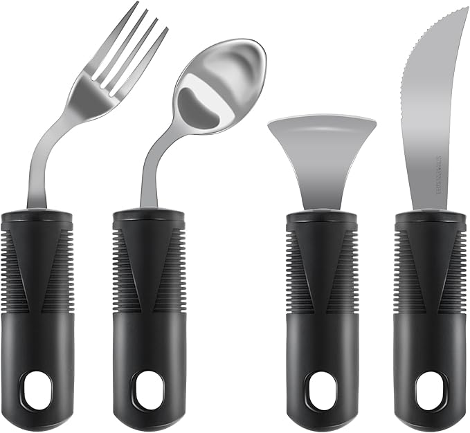 Adaptive Utensils, Weighted Utensils for Hand Tremors, Utensils for Parkinsons Patients,Elderly,Arthritis,Weak Hand Grip. Stainless Steel Knife,Fork,Spoons and Rocker Knife Set (4pcs Left-Handed)