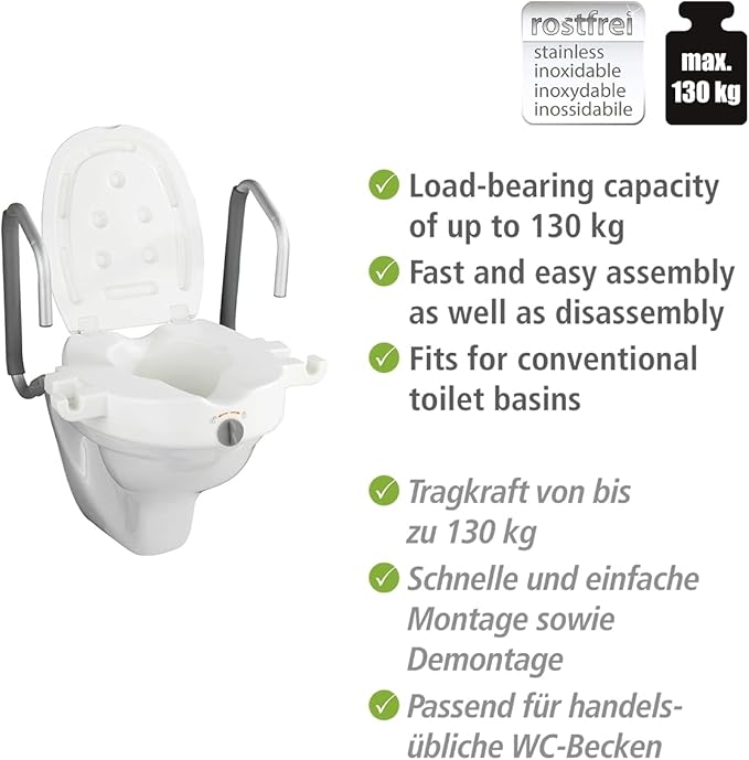 Wenko Raised Toilet seat with armrest Secura, White, 47.5 x 55 x 37.5 cm