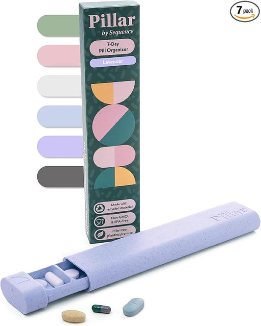 Pillar - 7-Day Pill Organizer | Weekly Medicine Pill Container Travel Box - Aesthetic Medication Holder - Stylish Travel Pill Case - Cute Small Medication Organizer 7 Day for Women (Lavender)