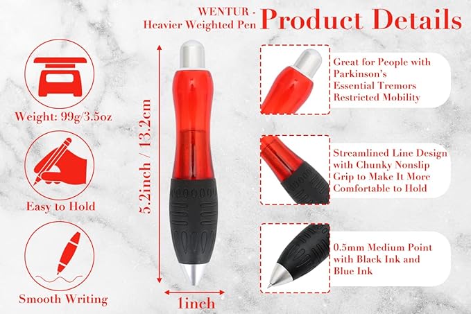 Big Weighted Fat Pens for Parkinsons Patients, Essential Tremors, Arthritis Hand and Low Grip Strength - Heavy Weighted Pen to Help Parkinson's, Carpal Tunnel, Elderly(1 Pack with 4 Extra Ink Refill)