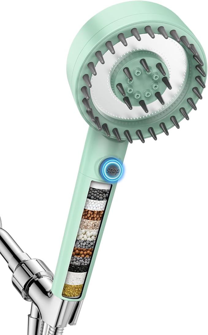 PWERAN Filtered Shower Head with Handheld, High Pressure 4 Spray Mode Showerhead with Filters, Water Softener Beads for Hard Water with ON/OFF Switch for Pets - Remove Chlorine (Green, 5 Inch Panel)