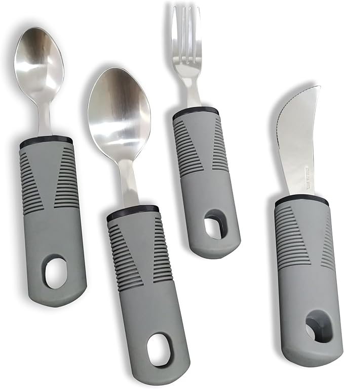 4-Piece Set Adaptive Utensils for Hand Tremors, Parkinson's, Arthritis - Weighted, Easy Grip, Extra Wide Handles - Knife, Fork, Spoon, Teaspoon - Grey