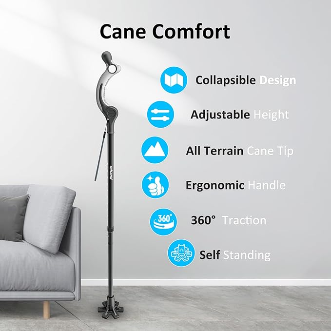 REHAND Adjustable Walking Cane for Seniors Adults - Ergonomic Anti-Slip Grip, 10 Height Settings (40"-49"), 350lbs Weight Capacity, Self-Standing Foldable Cane with Enhanced Anti Slip Base (Black)