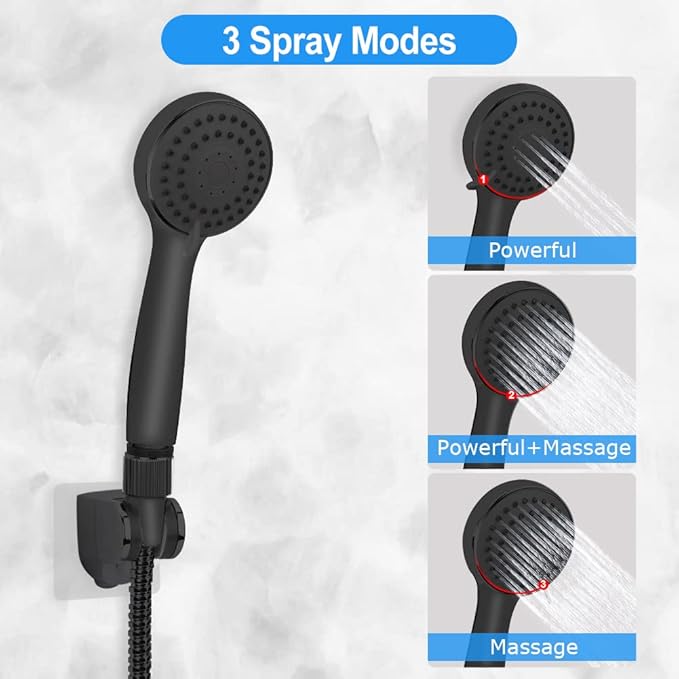 Shower Head, Kaqinu 8'' High Pressure Rainfall Shower Head/Handheld Showerhead Combo with 11” Extension Arm, Anti-leak Shower Head with Holder/Hose, Flow Regulator - Matt Black