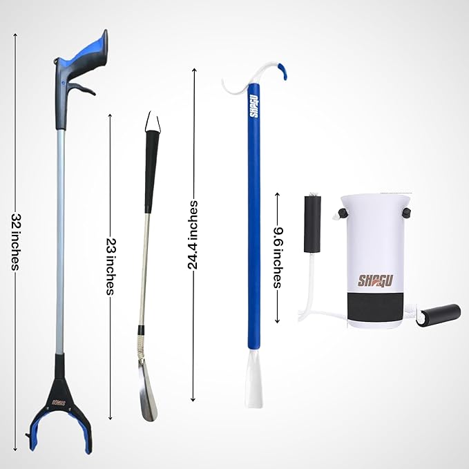 Long Shoe Horn, Grabber Reacher Tool, Sock Aid Device, and Sock Puller Aid Bundle by Shagu. Helpful Compression Sock Aid Device, Sock Puller Aid Easy On and Off, Long Shoehorn, and Trash Grabber Tool.