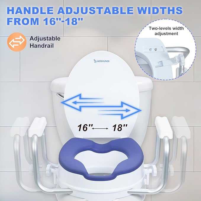 Raised Toilet Seat with Handles - Adds 5 Inch - Toilet Seat Risers for Seniors with Cushion - Supports 300 lbs - for 16'' Standard/Round Toilet - Includes Lid, Elevated Toilet Seat, Blue