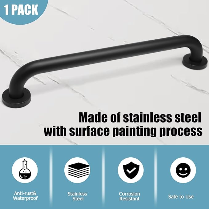 16 Inch Shower Grab Bar Stainless Steel Stairs Grab Indoor & Outdoor Deck Hand Rail Safety Grab Bar Handle Bathroom Shower Balance Bar Wall Handrail Support for Handicap Senior Pregnant