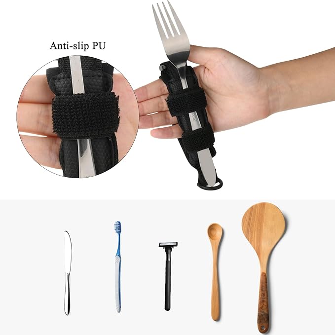 Beautyflier Spoon Fork Universal Cuff Utensil Adjustable Holder Strap for Holding Cutlery, Pens, Toothbrushes for Elderly or Individuals with Weak Grip (Black)