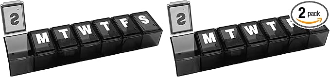 Amazon Basic Care Weekly (7-Day) Pill Organizer, Vitamin Planner, and Medicine Box, Medium Compartments, Black (Pack of 2)