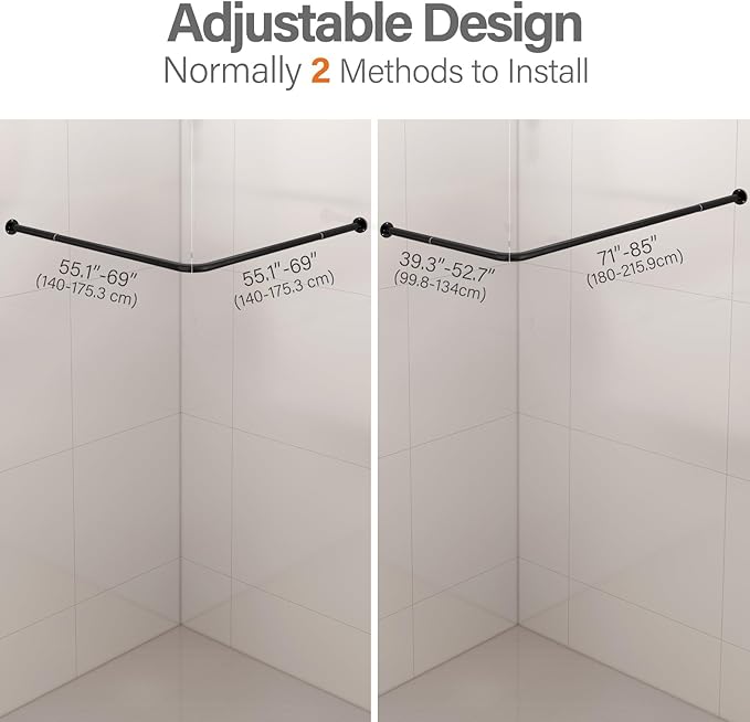 L Shaped Corner Shower Curtain Rod, 39" - 69" x 55" - 85" Adjustable 90 Degree Curved Bathroom Rod Square Rail No Sag with 12 Hooks & Ceiling Support - Black