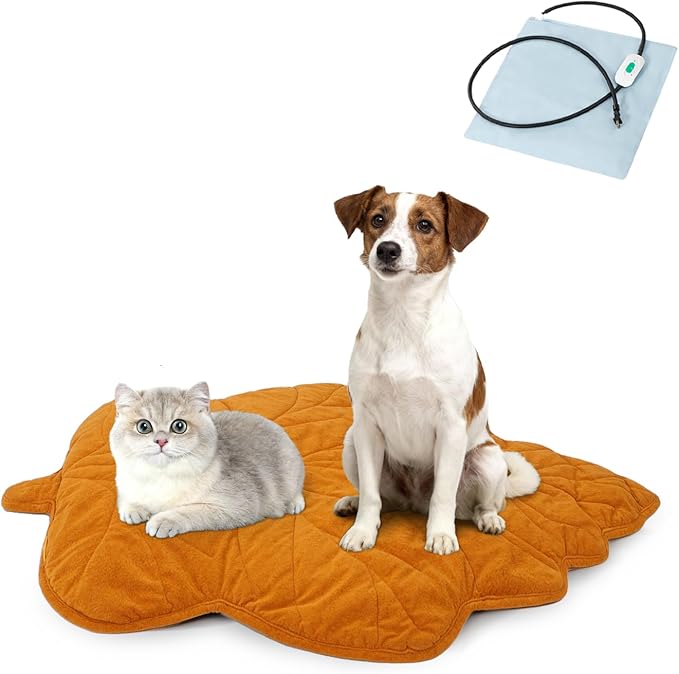 Vagascape Dog Bed, Waterproof Pet Bed with Washable Removable Cover, Comfort Cat Dog Pad for All Seasons, Heating Yellow Maple-Leaf Shape Cat Mat with Nonskid Bottom(57"x47")