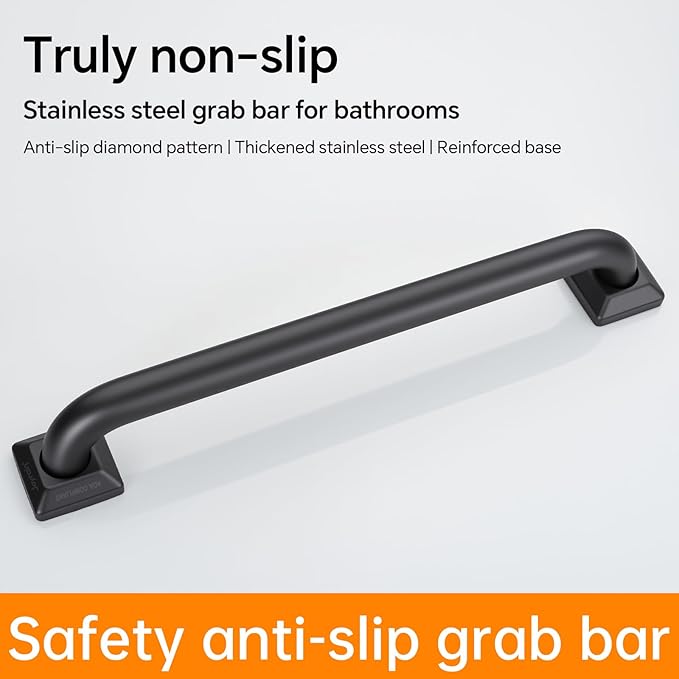 joyrain 500lb Capacity Stainless Steel Grab Bar - Heavy Duty Bathroom Safety Rail for Elderly, Anti-Slip Shower Handle, ADA Compliant (Matte Black, 16 inch)