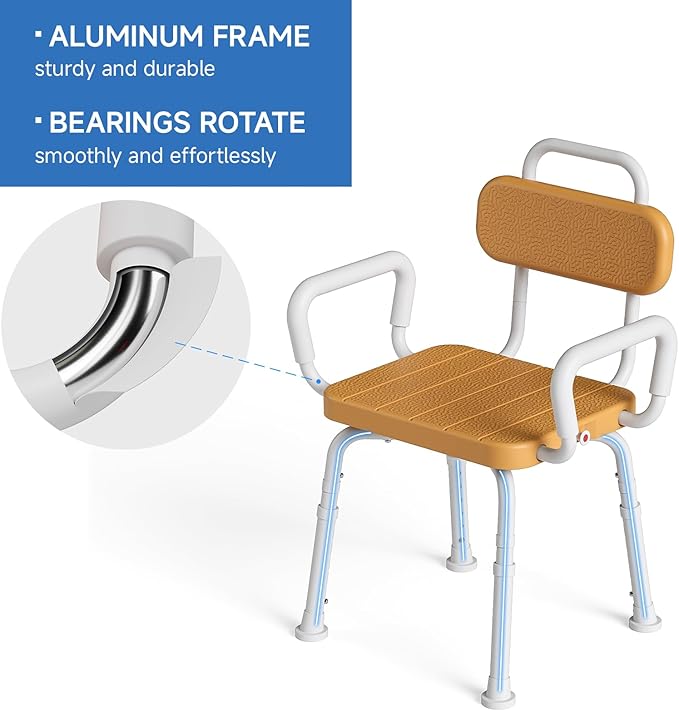 Loyoda 360° Swivel Shower Chair with Removable Arms, Adjustable Height Rotating Shower Stool for Inside Shower for Seniors and Disabled，Swivel Bath Chair for Inside Tub，Brown