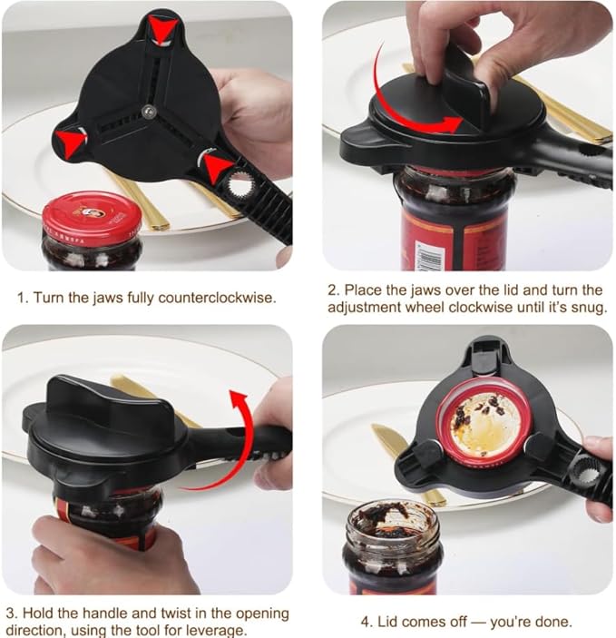 Jar Opener for Seniors, 4-in-1 Adjustable Multi-Purpose Lid Opener with Non-Slip Grip for Jars, Bottles and Beer Caps, Perfect for Seniors, Arthritis and Weak Hands (2 PCS, Black)