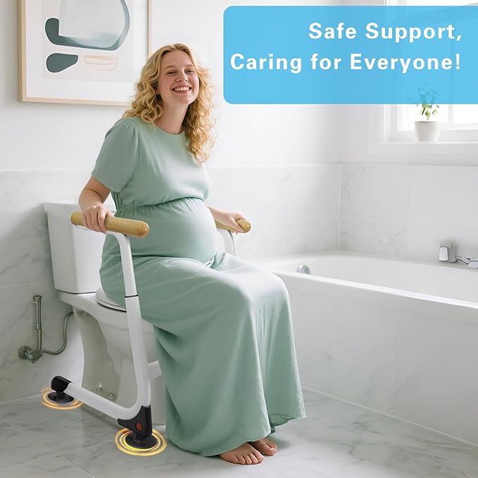 Toilet Safety Rails (350LBS), Adjustable Height Toilet Safety Frame for Elderly and Disabled, Stand Alone Toilet Safety Rails for Seniors, Handicap Toilet Rails Fits Most Toilets, Wood Color