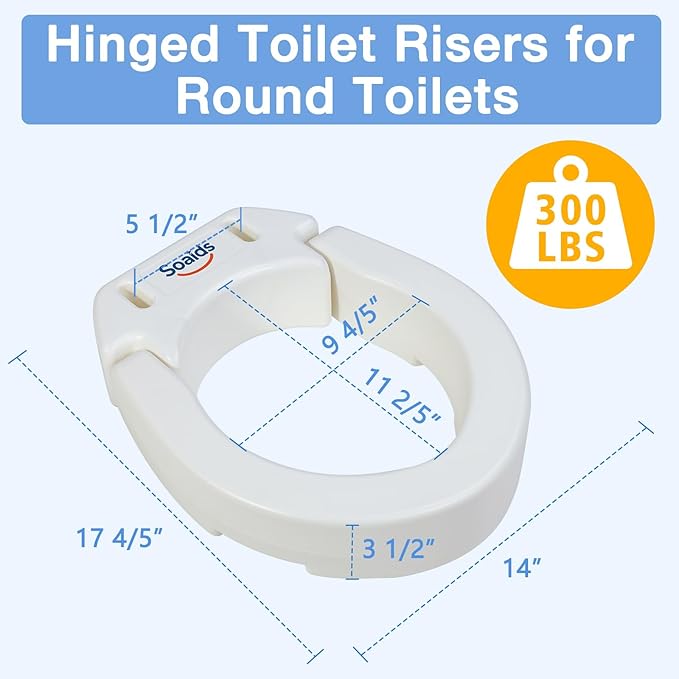 3.5 Inch Raised Toilet Seat Risers for Seniors and Adults, Hinged Elevated Toilet Seat for Round Toilets, Support to 300 Lbs, White (Standard Round)