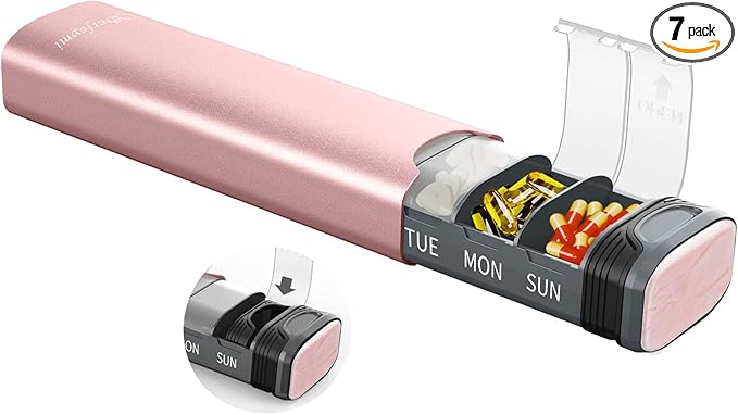 Metal Weekly Pill Organizer, Serfeymi Aluminum Daily Pill Box(Spare Gasket Provided),7 Day Pill Case Travel Medicine Organizer,Pill Containers with Individual Lid for Vitamins,Pills, Supplement-Pink