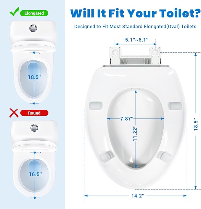 Elongated Raised Toilet Seat for Seniors, 3" Height, Heavy Duty Slow Close Elevated Toilet Seat with Never Loosen Hinges, Fits Most Elongated Toilets (White 18.5") (Raised Toilet Seat)