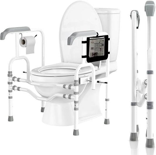 Foldable Toilet Safety Rails for Seniors, Toilet Safety Frame Height Adjustable, Heavy Duty Bathroom Rail with Armrests, Bathroom Safety for Elderly and Disabled(400LBS)
