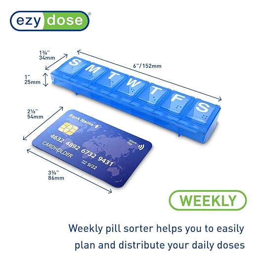 EZY DOSE Weekly (7-Day) Pill Planner, Medicine Case, Vitamin Organizer Box, Large Locking Compartments to Secure Prescription Medication and Prevent Accidental Spilling, Blue