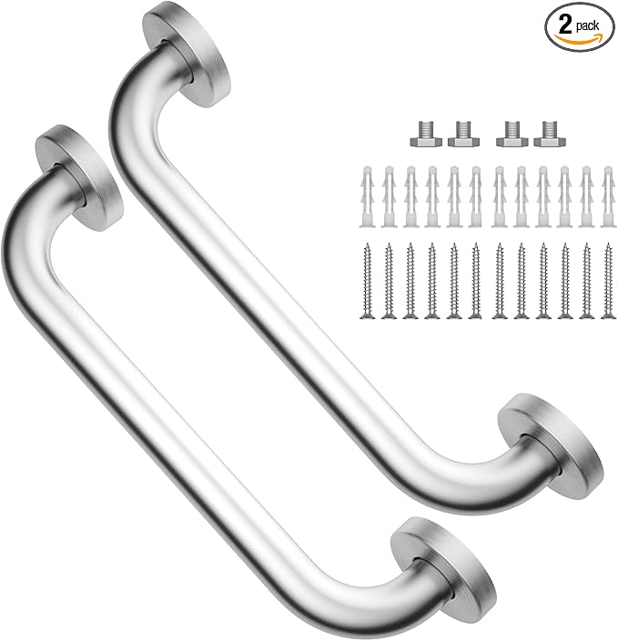 Brushed Nickel Grab Bar 12 Inch, 2 Pack Safety Bathroom Grab Bars, Stainless Steel Shower Grab Bar, Balanced Support Bar, Toilet Assist Handle for Handicap Elderly Senior (1" Diameter)