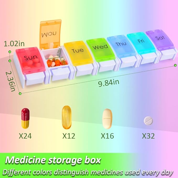 7 Day Pill Organizer, Removable Daily Cases with Rainbow Lids & Permanent Day Printing – No Stickers, Large Capacity Travel Medicine Holder for Pills, Vitamins & Fish Oil, Easy One-Handed Open (1/Day)