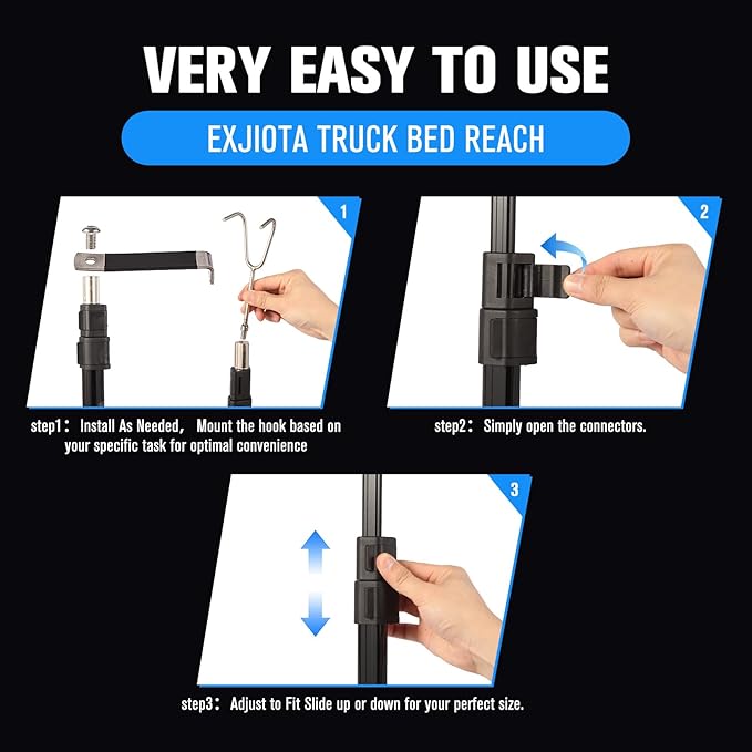 6.9 ft Magnetic Cargo Grabber Tool（Black）, Upgraded Telescoping Truck Bed Retriever for Pickup Trucks, Heavy‑Duty Aluminum Reach Stick with 3 Hooks & 1 Mounting Plate, Multi‑Use Truck Bed Accessory