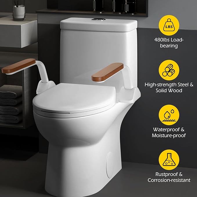 Dyna-Living Toilet Safety Rails 480lbs Toilet Safety Frame with Flip Up Non-Slip Wooden Armrest Handicap Toilet Rails, Toilet Assist Devices for Seniors Toilet Support Bars Toilet Riser for Elderly