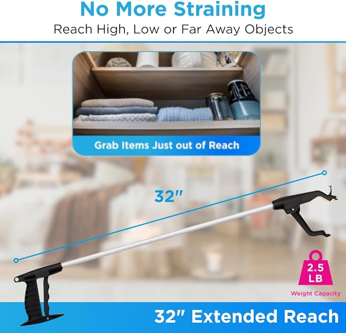 NOVA Reacher Grabber Tool for Seniors – 32” Lightweight Pick Up Stick with Rotating Claw, Magnetic Tip & Hook, Easy-Grip Handle, Daily Living Aid for Limited Mobility, 2-Pack