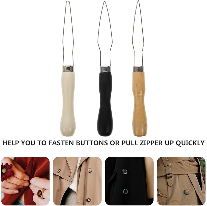 3pcs Button Hook Dressing Aid Tool with Plastic Handles and Wooden Grip, Easy Buttoning Helper for Shirts and Clothing, Home Dressing Aid for Seniors and Disabled