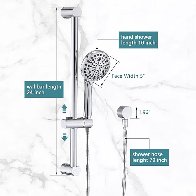 Hand Shower with Slide Bar, High Pressure 10 Setting Handheld Shower Head, Adjustable Height 24" Slide Bar, Wall Supply Elbow and 6.6ft Extra Long Shower Hose - Chrome