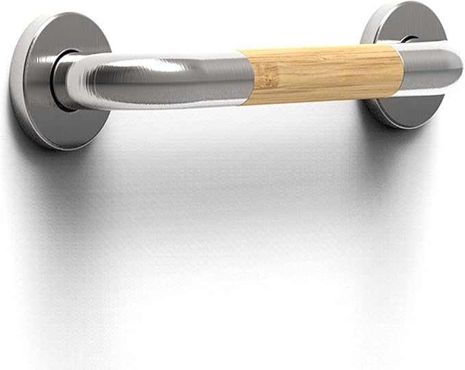 Safety Grab Bar for Bathroom & Toilet, Natural Bamboo Handle, ADA Compliant Balance Assist Handrail for Handicap and Seniors, 12in Brushed Nickel