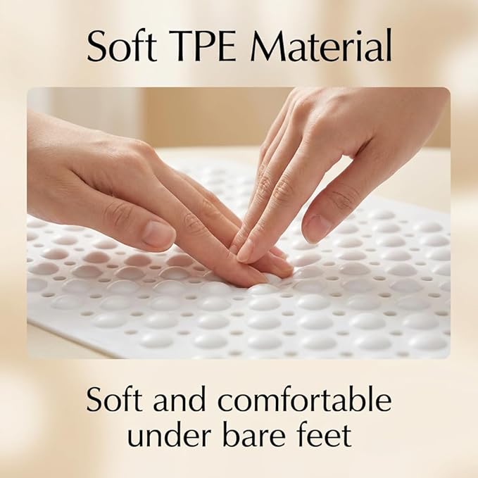 Minimalist TPE Bath Mat for Tub & Shower, Non-Slip Bathtub Mat with Suction Cups, Soft and Comfortable Shower Mat, Quick Drain Holes, Machine Washable, Large Bathroom Mat, White