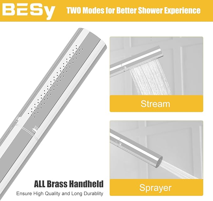 BESy Chrome Brass 2 In 1 Function Handheld Shower Head Set High Pressure 7 Inch Shower Head High Flow Hand Shower Wand with 59 Inch Hose, Bracket, Chrome Finish