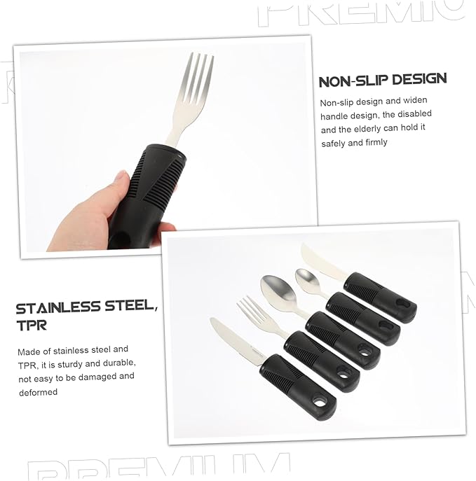 Adaptive Utensils 5-Piece Set - Weighted Utensils for Hand Tremors, Elderly, Stainless Steel Fork, Knife, Spoon Silverware Set