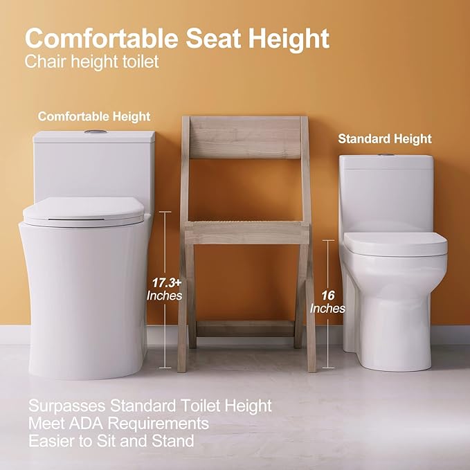 HOROW T0338W Compact One Piece Toilet with Comfort Chair Seat ADA Height 17.3", Elongated Dual Flush 0.8/1.28 GPF, Standard White Toilet Bowl