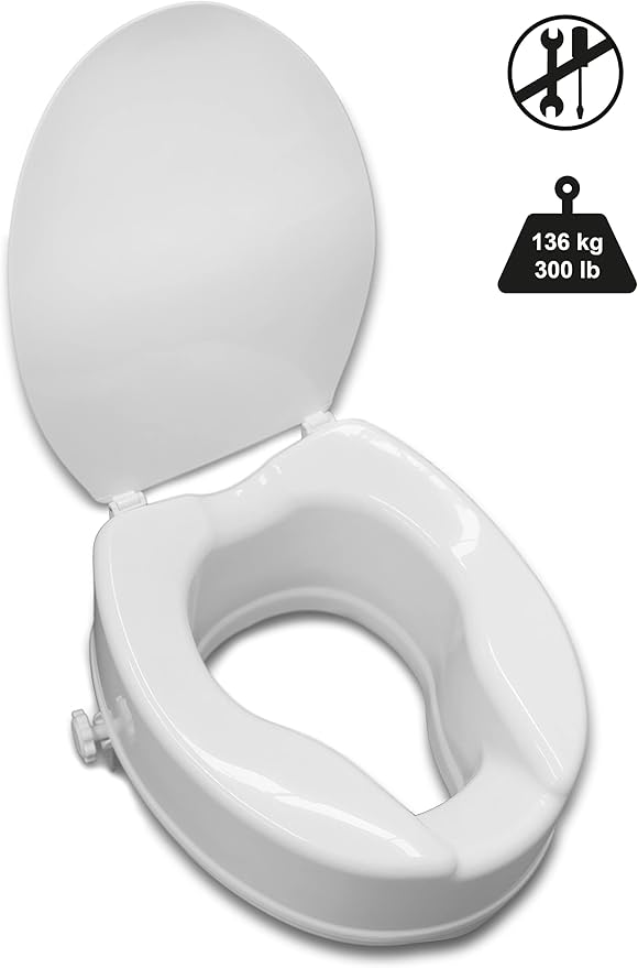 PEPE Mobility Raised Toilet Seat with Lid for Elderly 6" High, Fits Round and Elongated up to 15" Wide, Commode Seat with Sturdy Brackets, Medical Aid