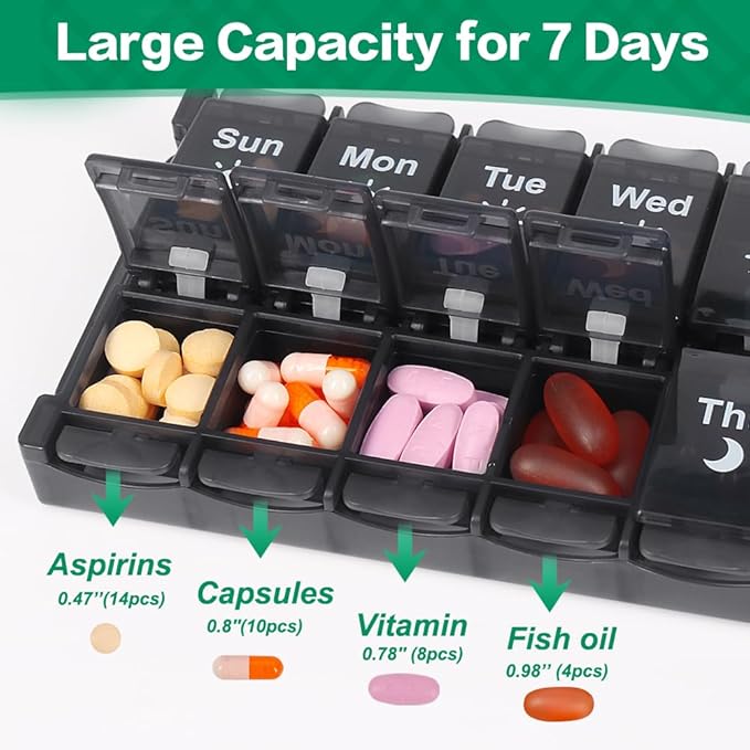 Shintop Weekly Pill Box 2 Times a Day, Easy Fill Medicine Pill Organizer Push Button Pill Case Morning Night Vitamin Organizer for Fish Oil Supplements （Black）